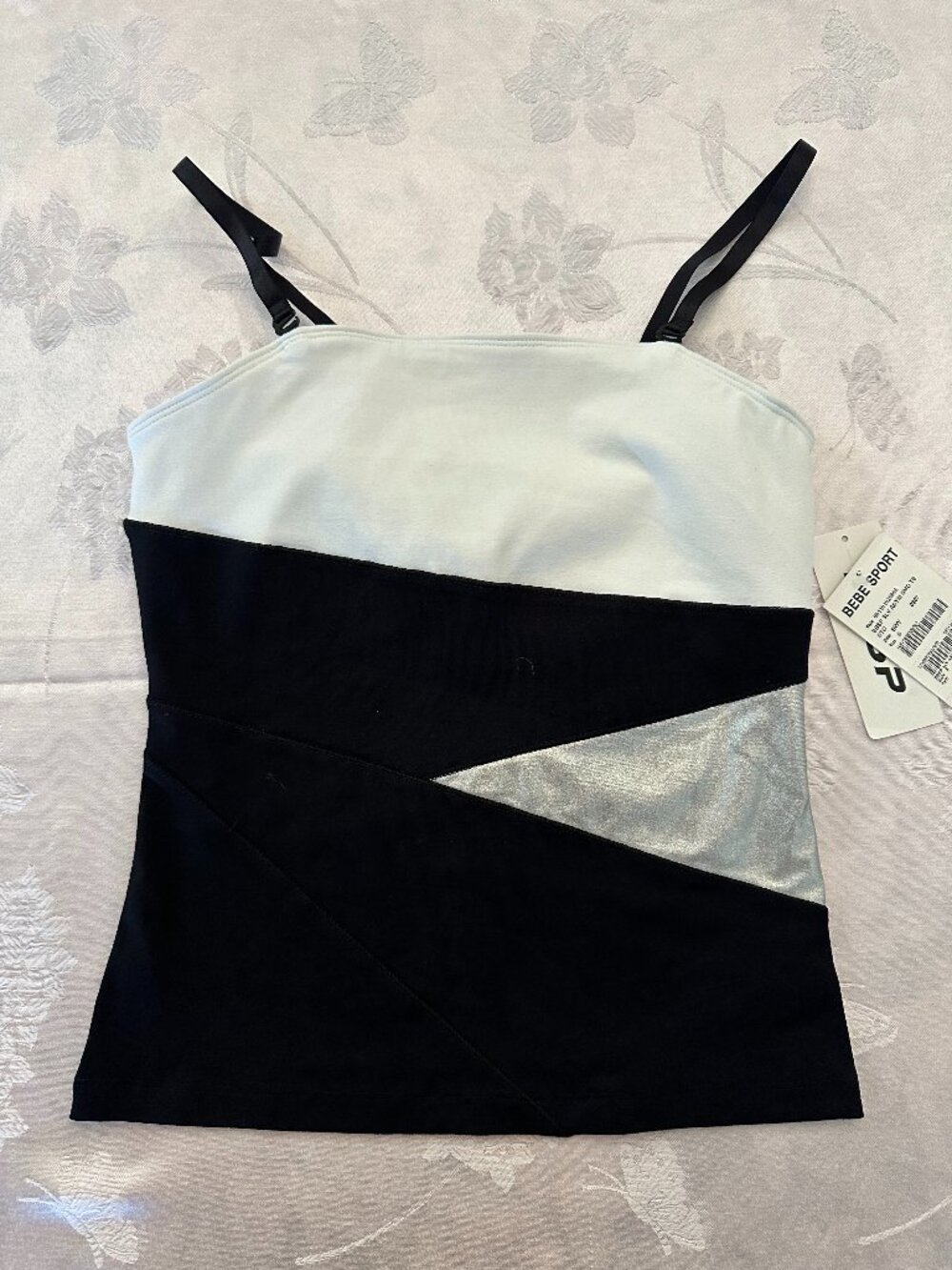 NWT Bebe Sport Y2K Black White Silver Colorblock Tank Top Small